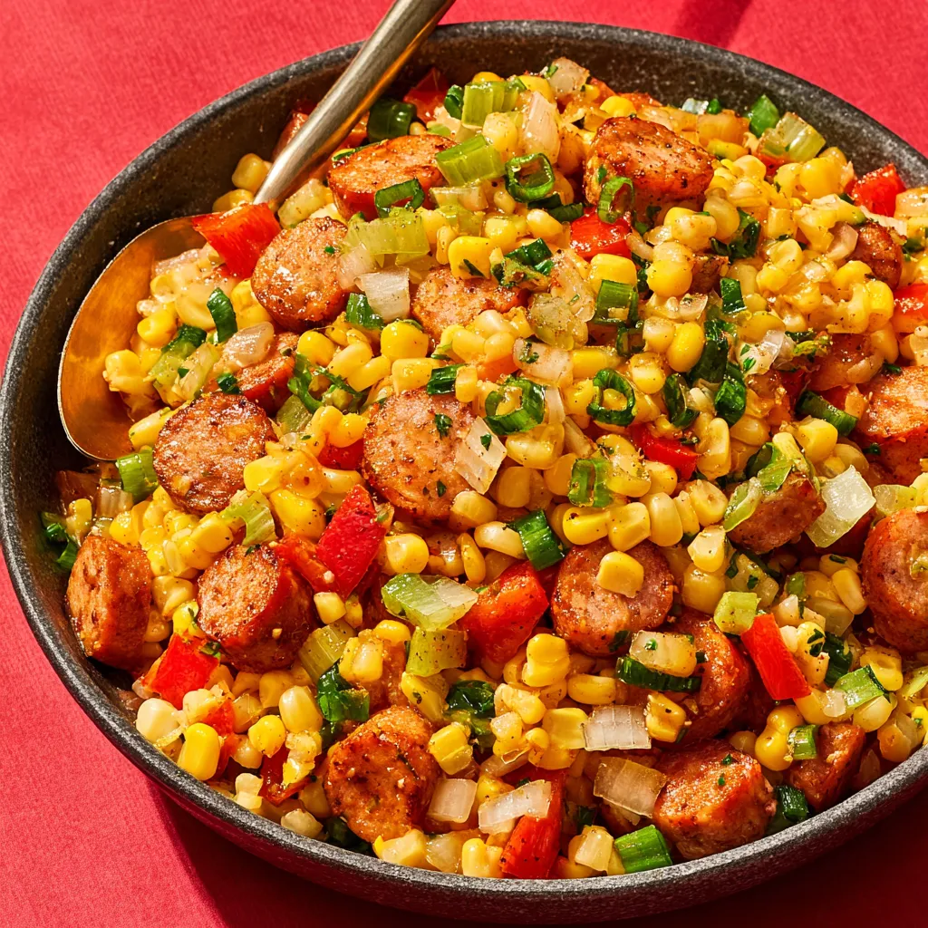A bowl of Maque Choux with Sausage.