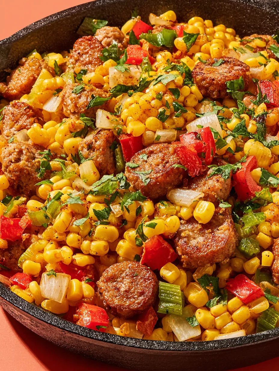 A dish of Maque Choux with Sausage.
