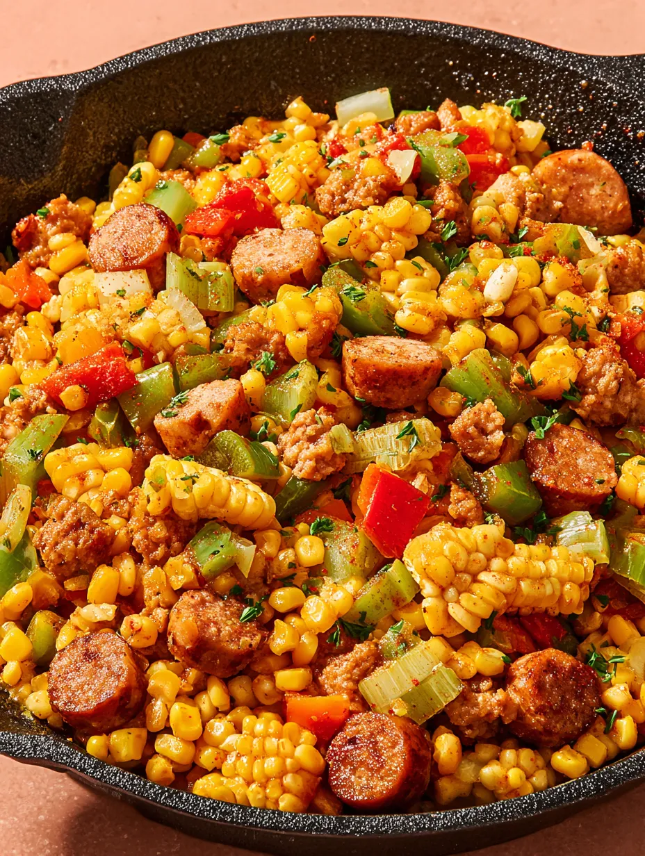 A dish of Maque Choux with Sausage.