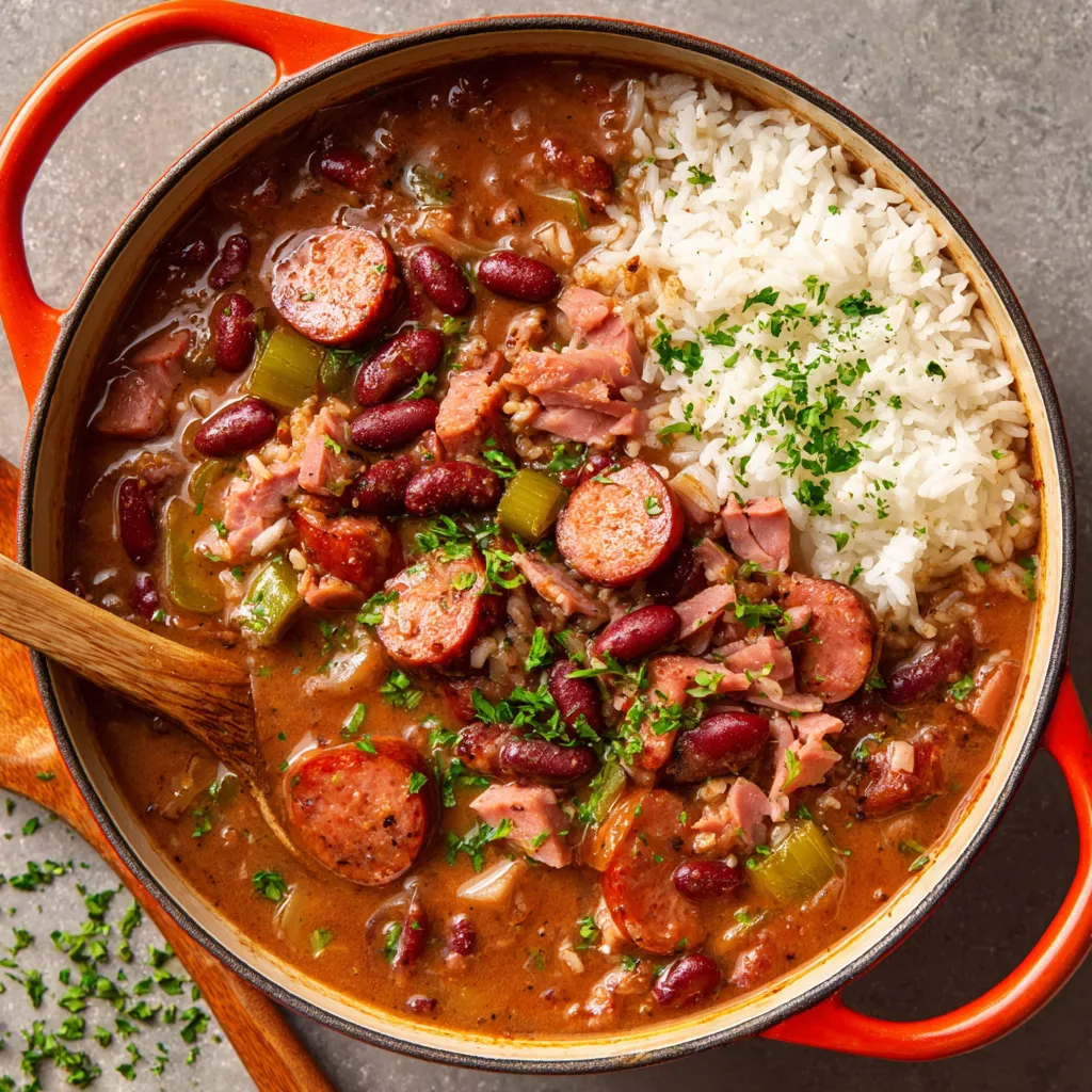 A bowl of red beans and rice with a spoon.