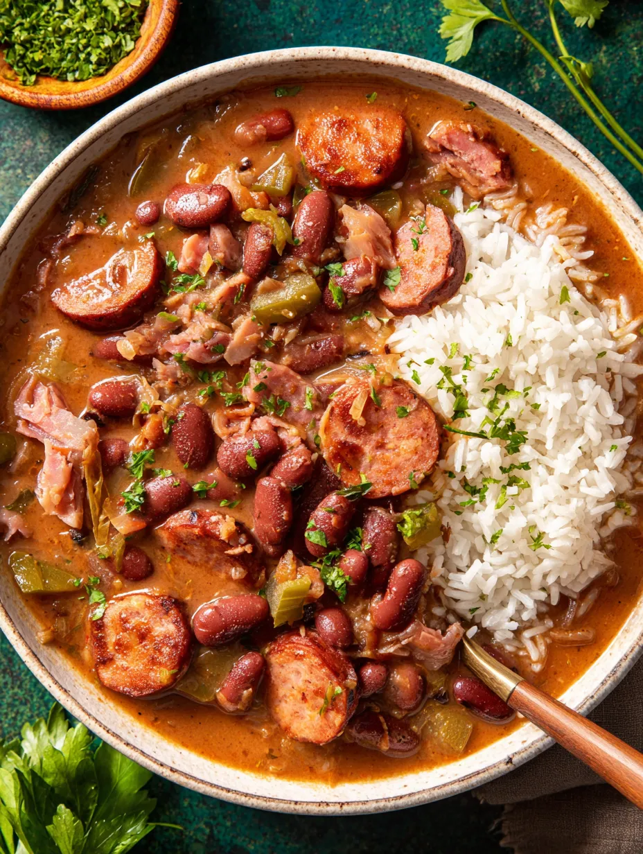 A bowl of red beans and rice with a spoon in it.