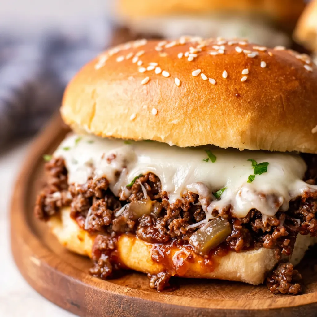 A sloppy joe sandwich with cheese on a wooden platter.
