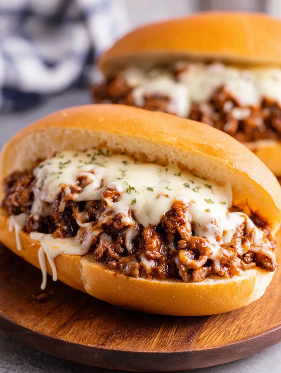 A sandwich with meat and cheese on a wooden table.