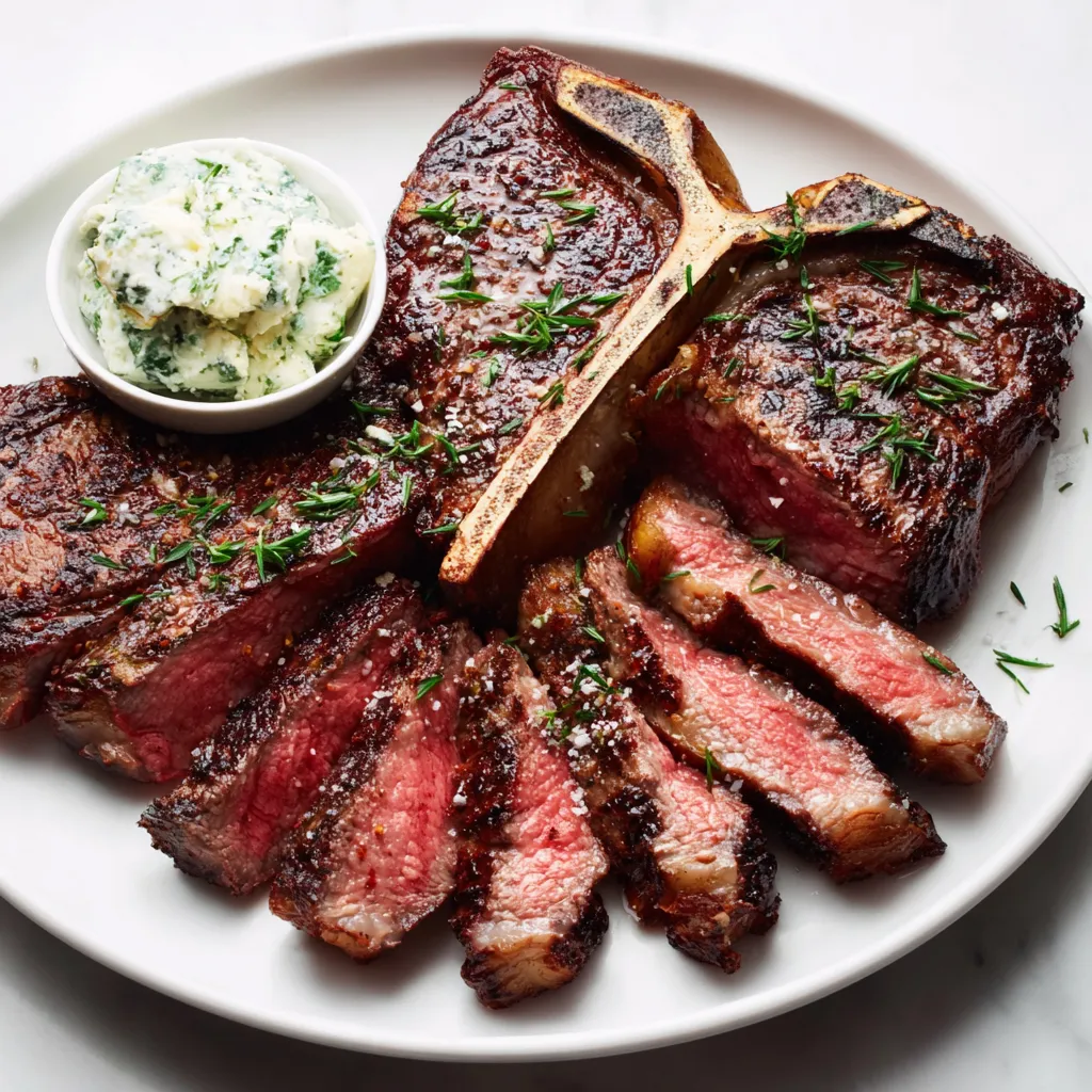 A plate of seared porterhouse steak.