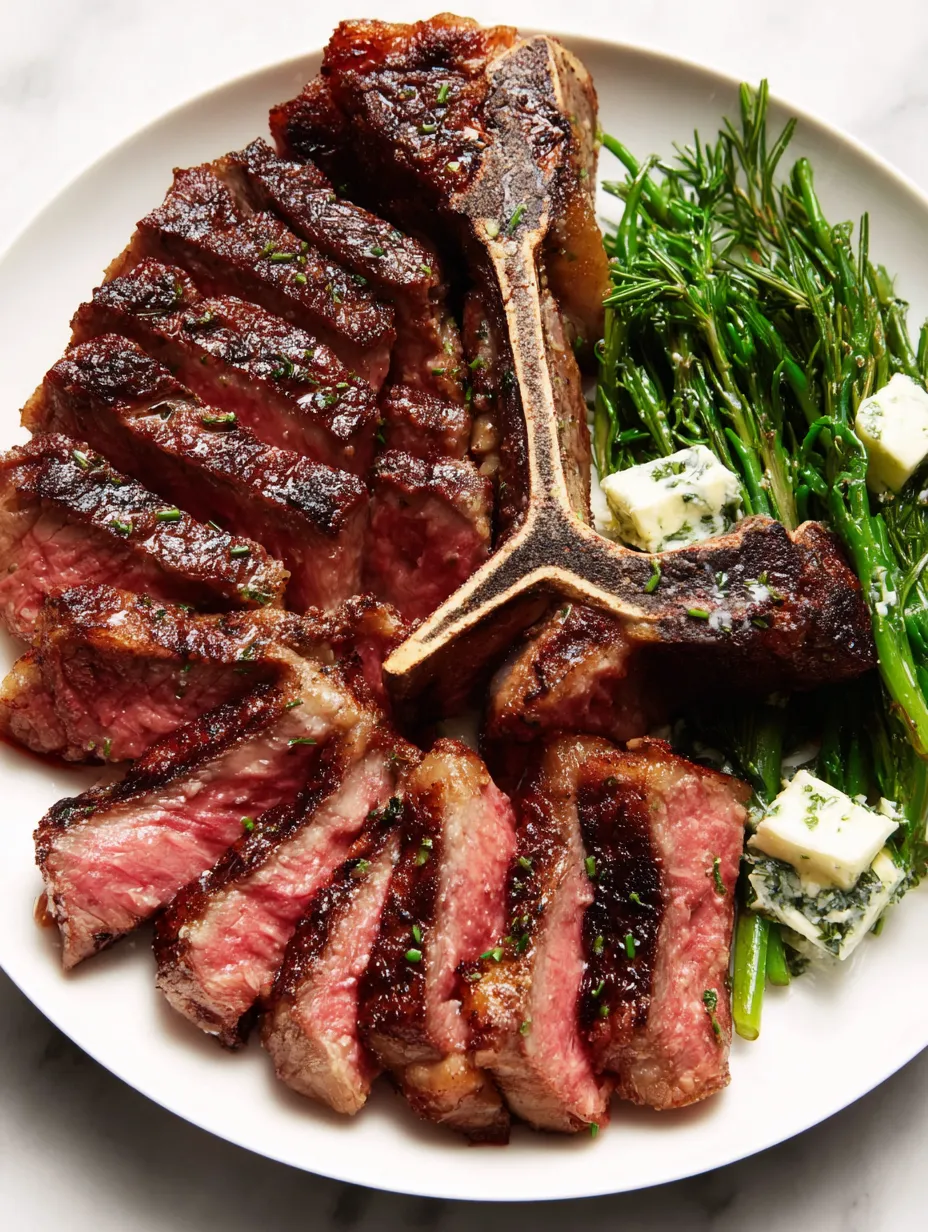 A seared porterhouse steak with a wooden fork.