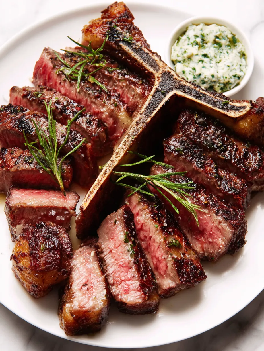 A seared porterhouse steak on a plate.