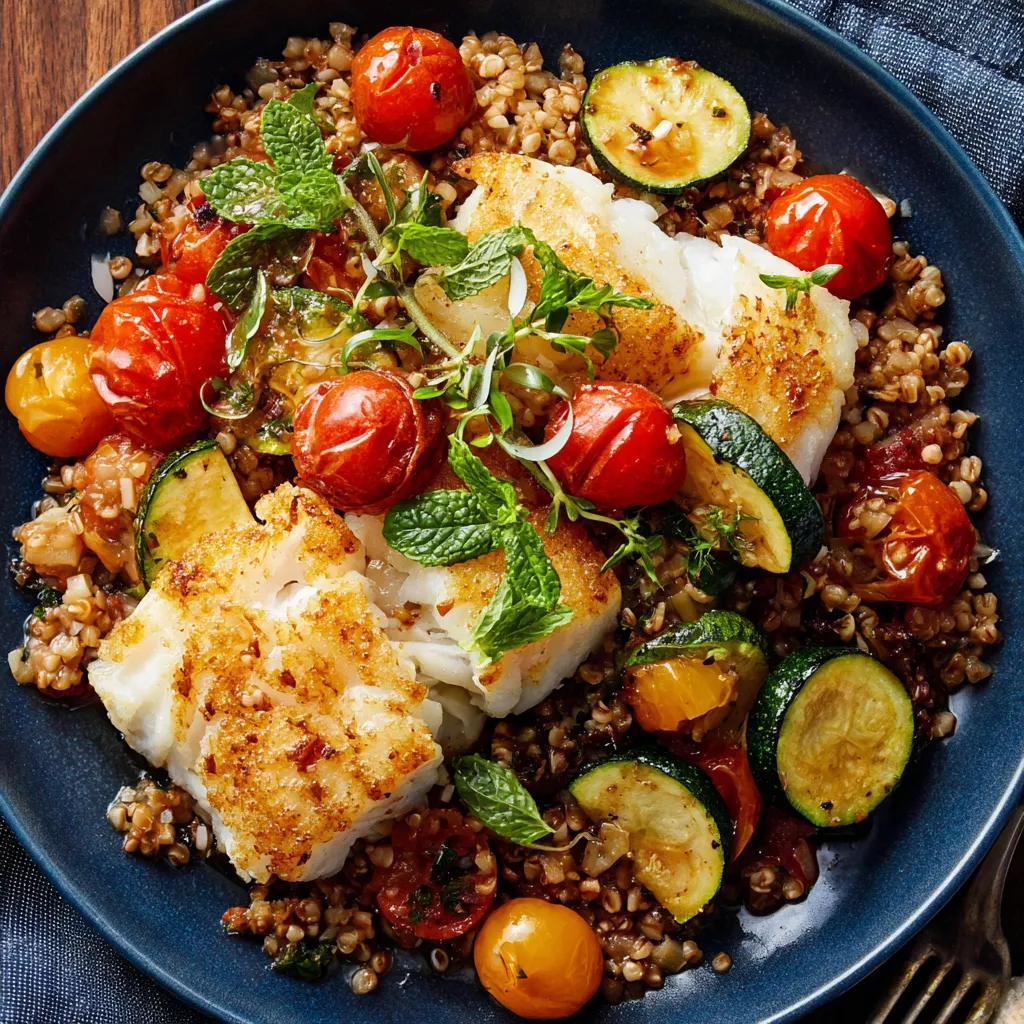 A plate of fish with tomatoes and zucchini.
