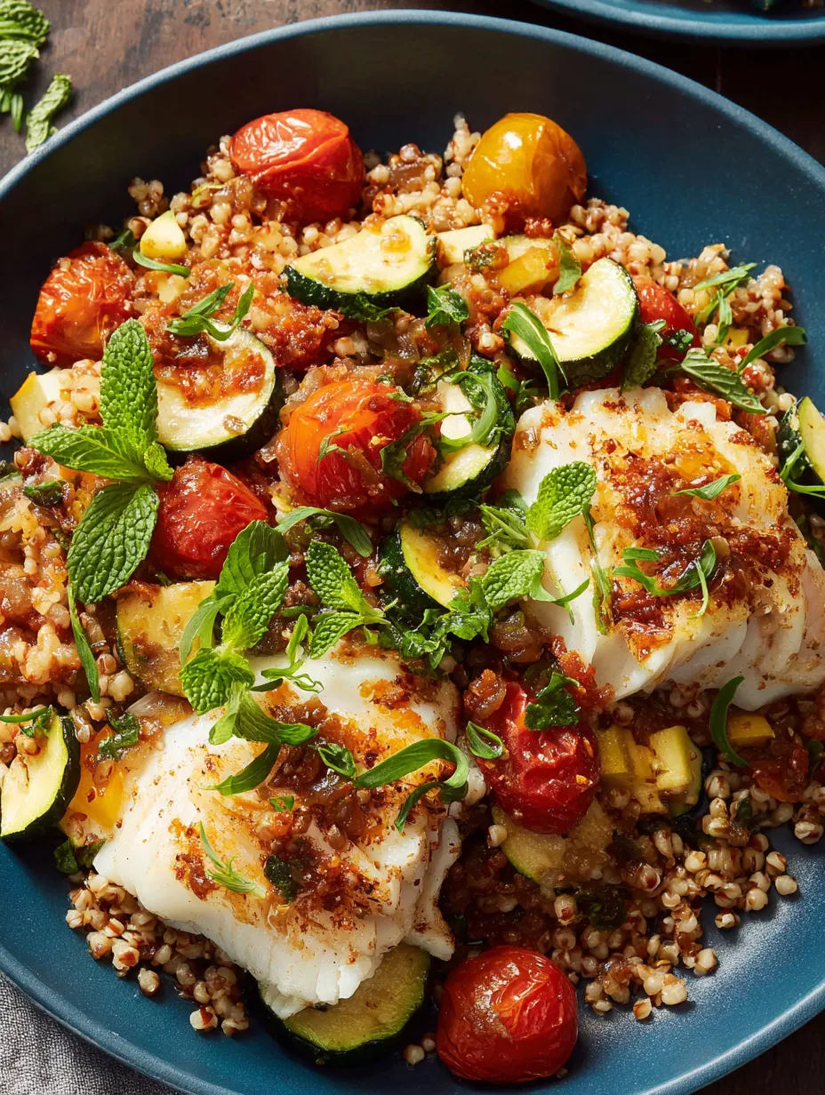 A skillet of cod with bulgur, zucchini, and tomatoes.