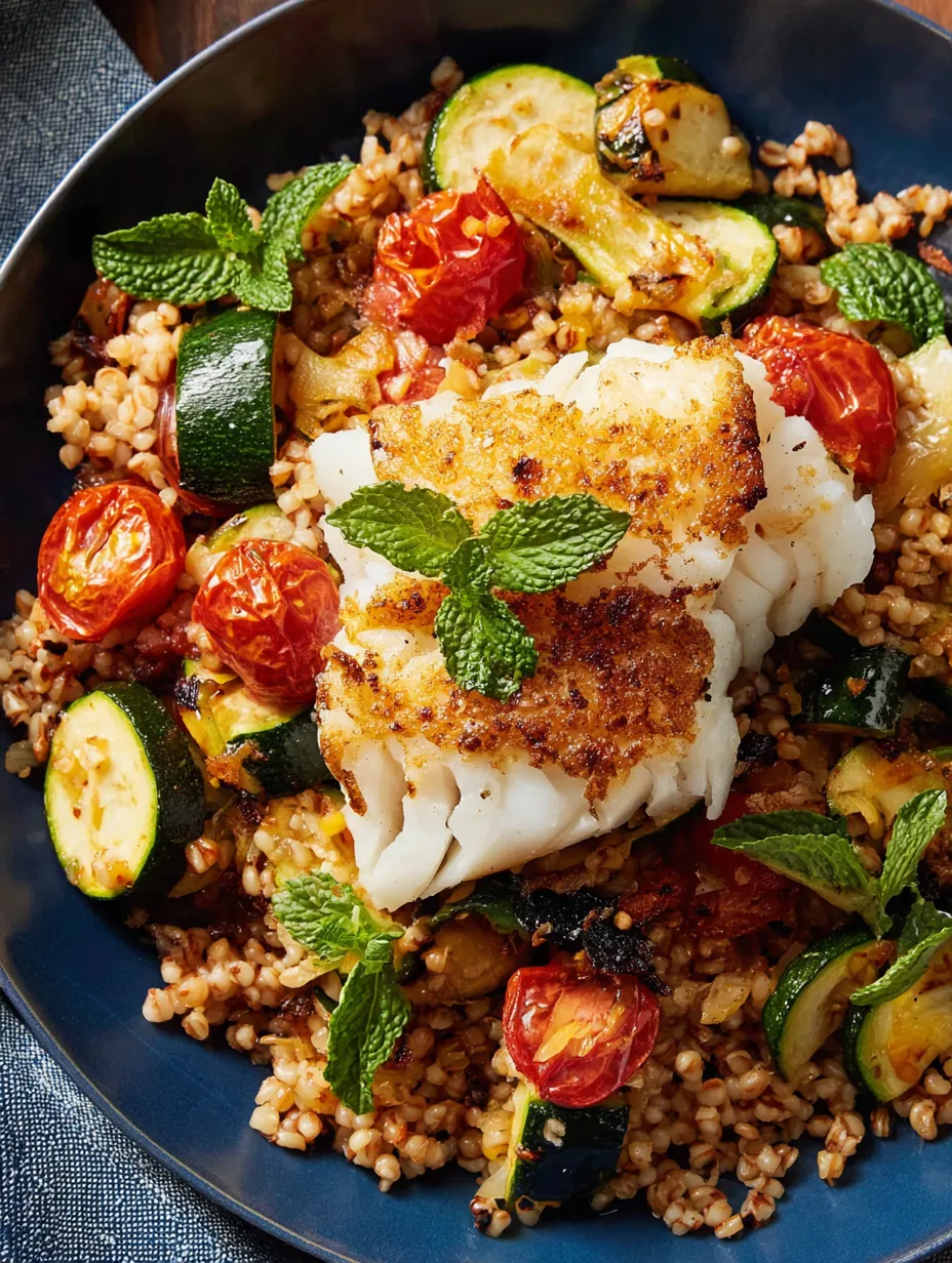 A skillet cod with bulgur, zucchini, and tomatoes.