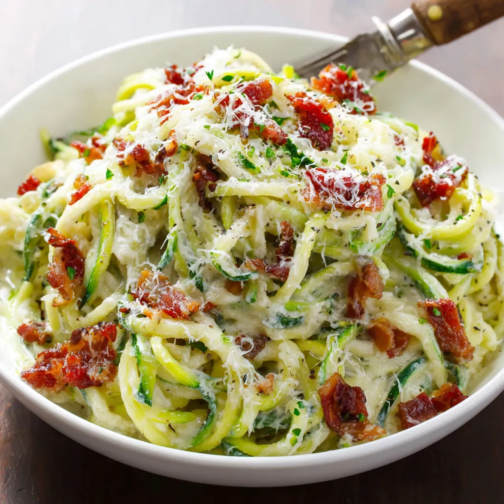 A bowl of zoodle alfredo with bacon.