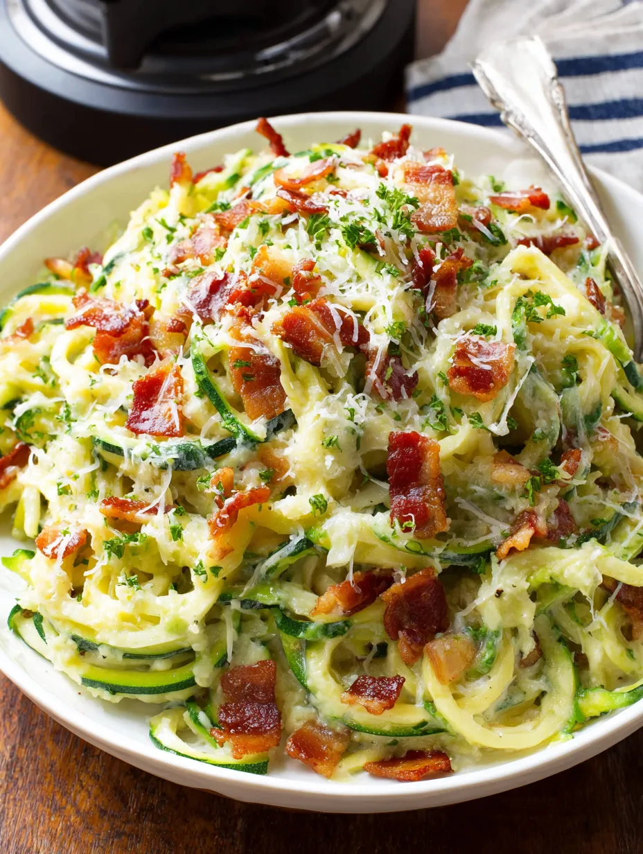 A plate of zoodle alfredo with bacon.