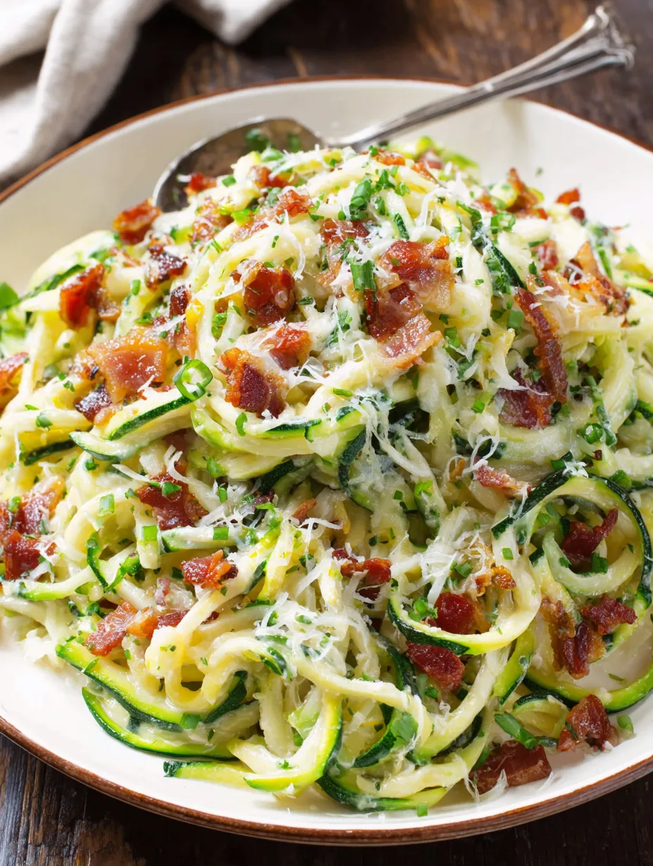 A bowl of zoodle alfredo with bacon.