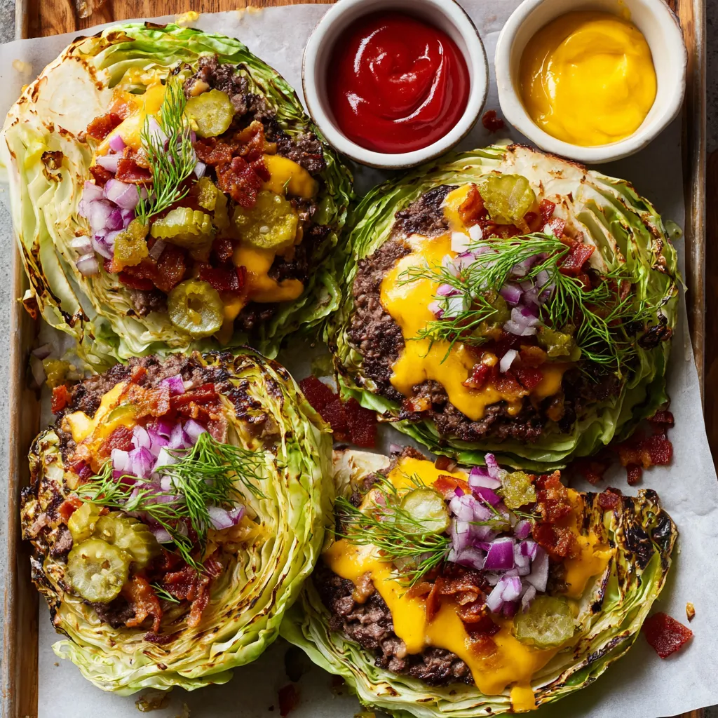 A plate of roasted cabbage burgers with cheese and ketchup.