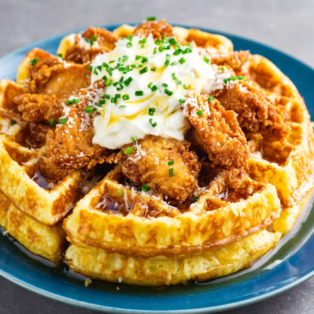 A plate of crispy chicken and waffles.