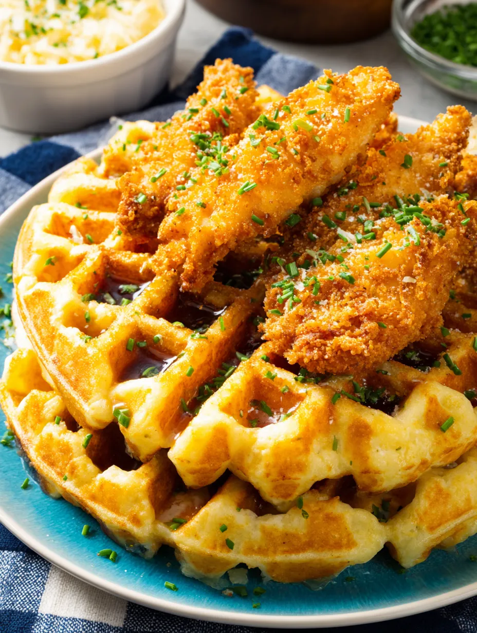 A plate of crispy chicken and waffles.
