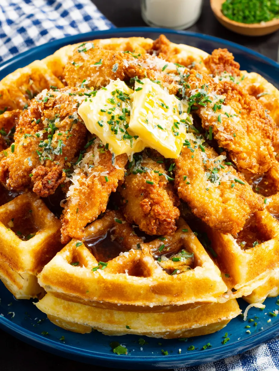 A plate of crispy chicken and waffles.