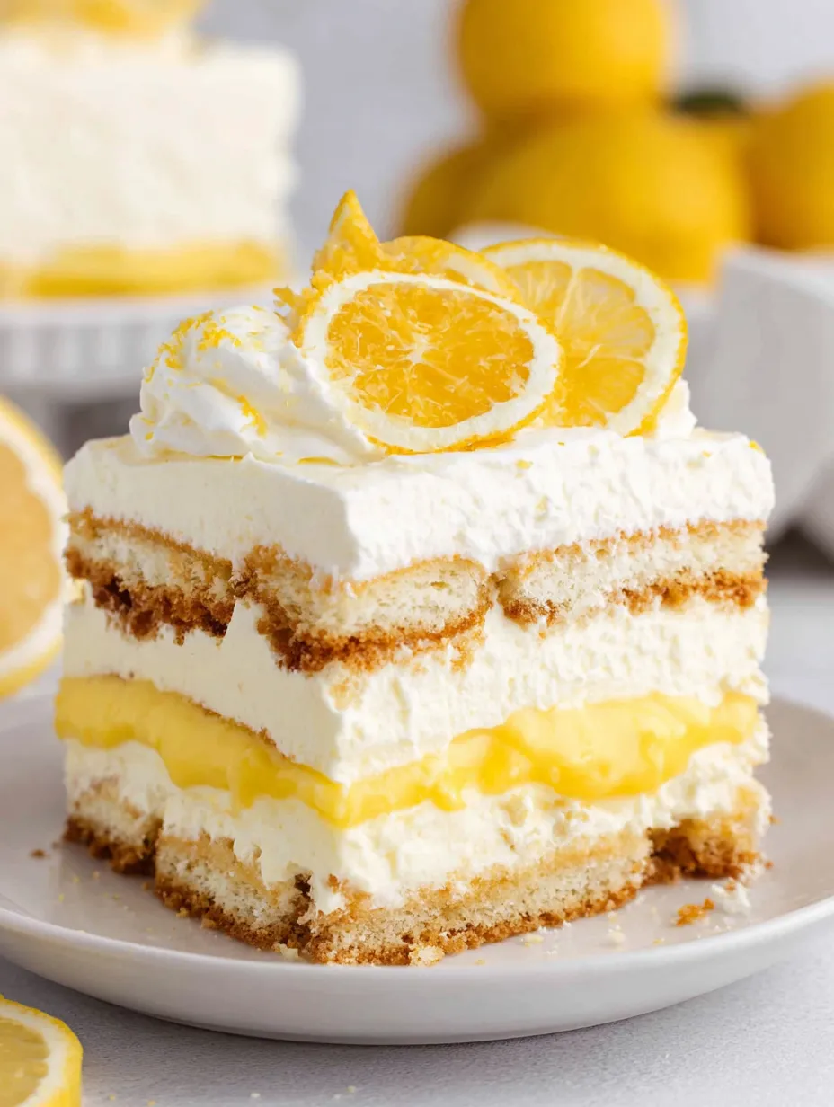 A slice of lemon tiramisu cake.