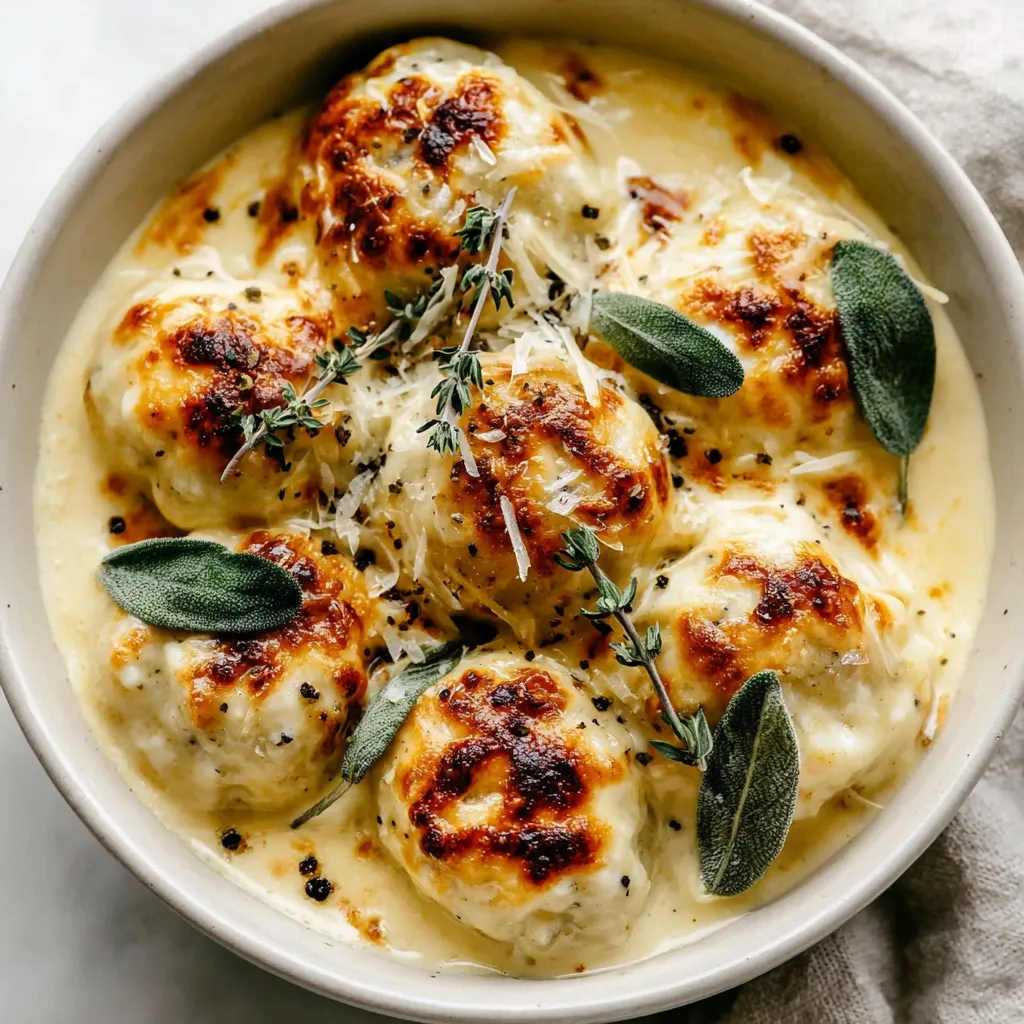 A bowl of Italian Ricotta Gnudi in Cheese Sauce.