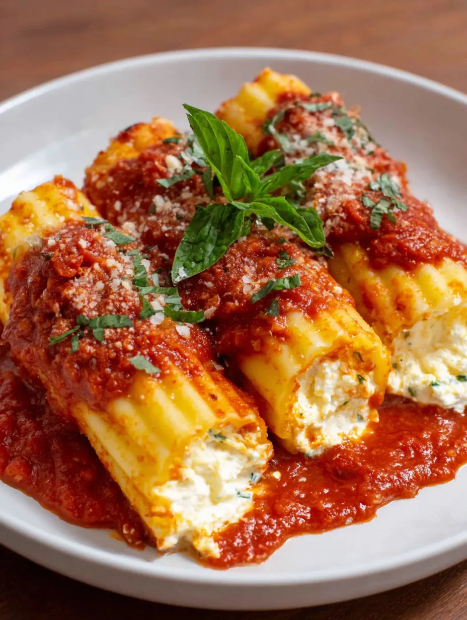 A plate of manicotti with sauce and cheese.