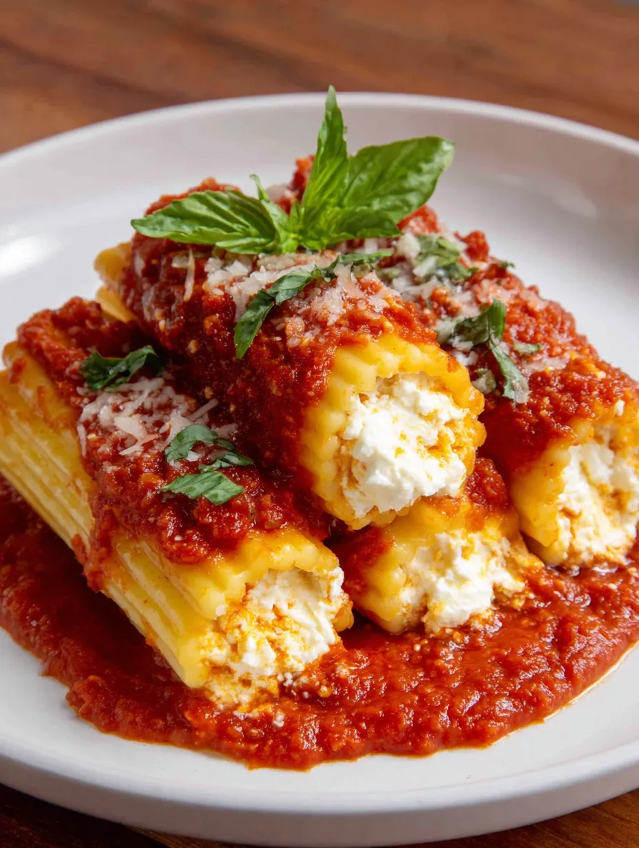 A plate of manicotti with cheese and sauce.