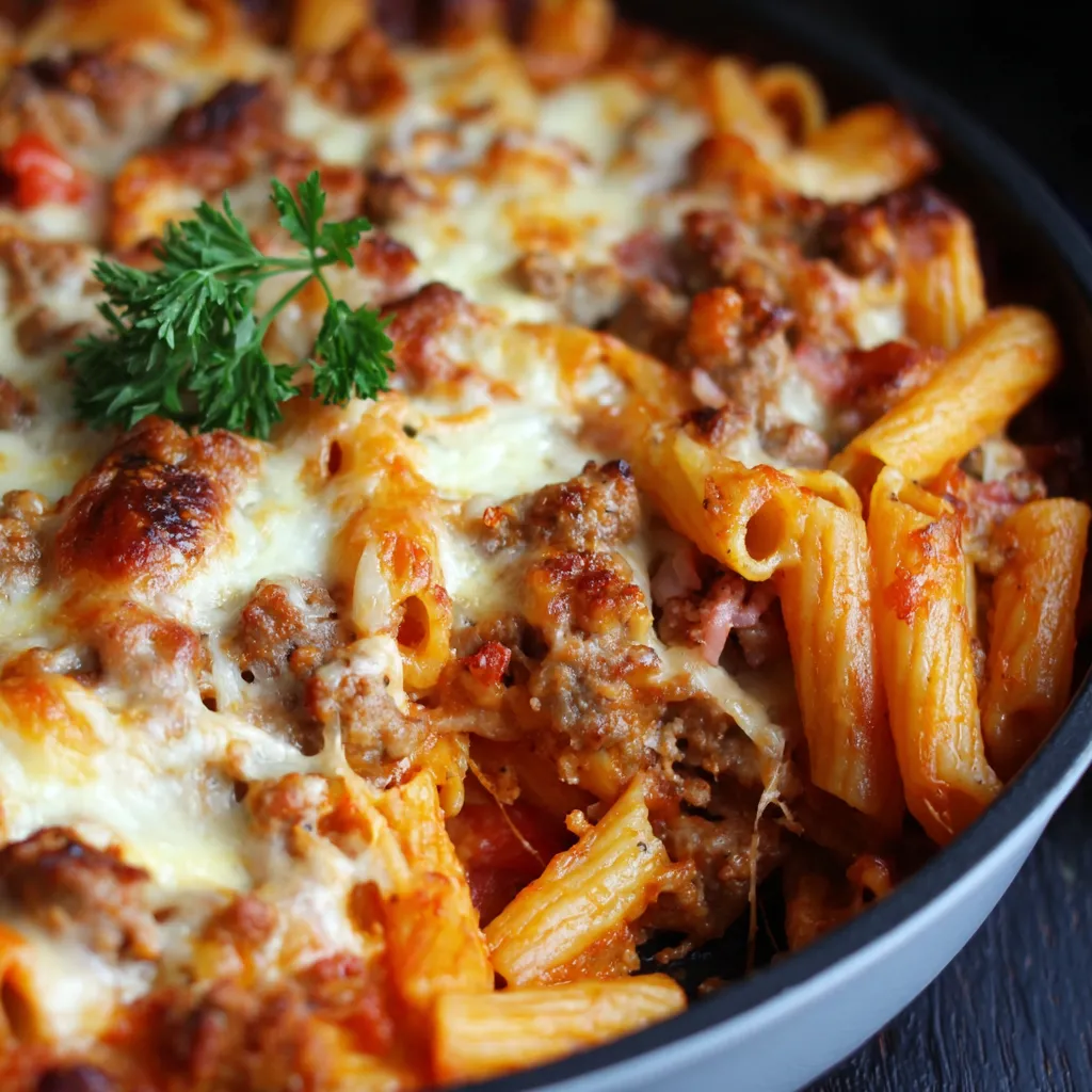 A delicious Italian style sausage pasta bake.