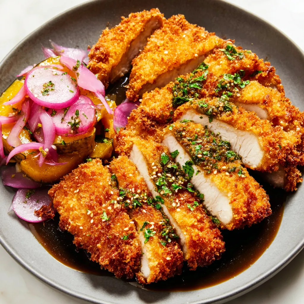 A plate of food with a pork tenderloin katsu.