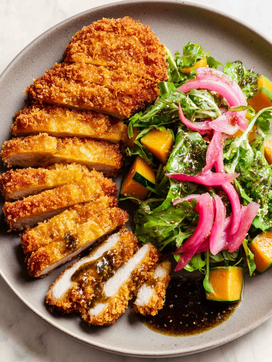 A plate of food with a pork tenderloin katsu and a salad.
