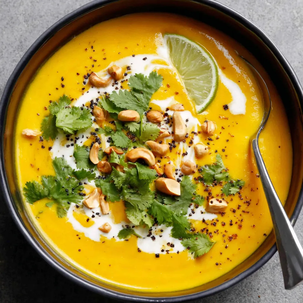 A bowl of carrot ginger soup with a spoon in it.