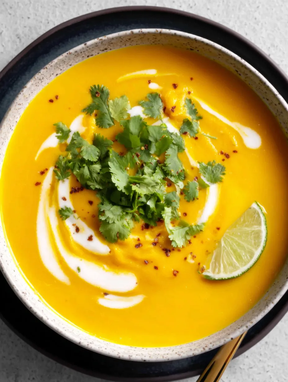 A bowl of carrot ginger soup with a spoon in it.