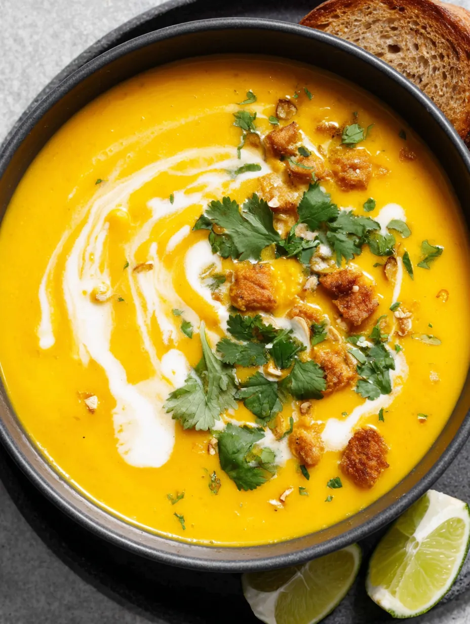 A bowl of carrot ginger soup with a spoon in it.