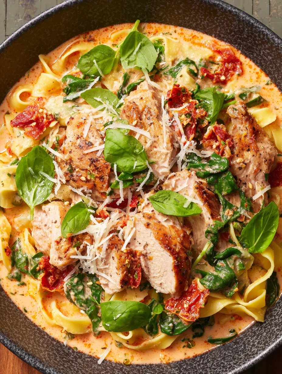 A bowl of chicken noodle soup with a piece of chicken and spinach.