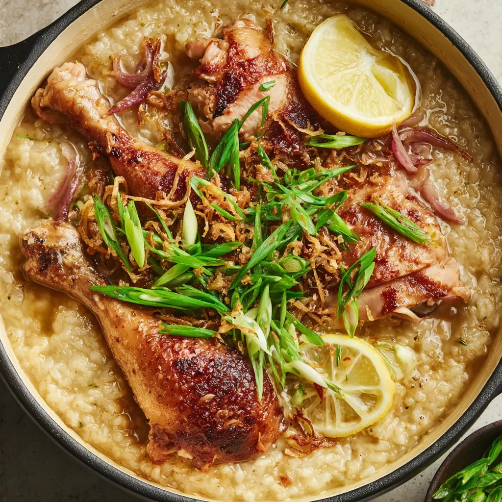 A bowl of chicken arroz caldo.