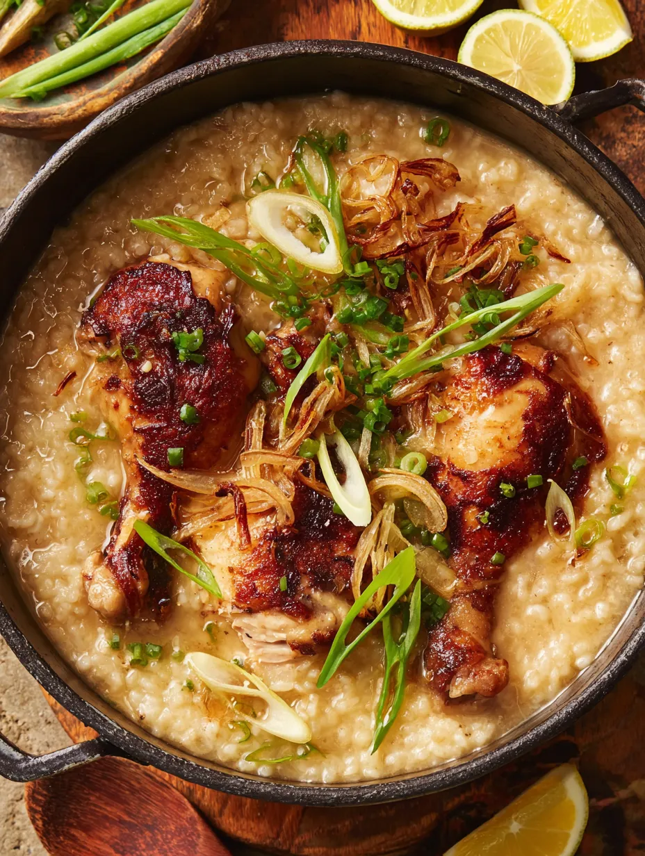 A bowl of chicken arroz caldo.
