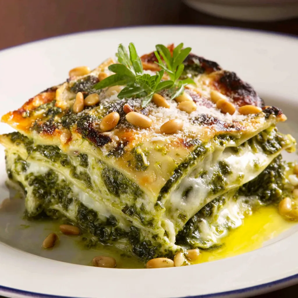 A plate of lasagna with pesto sauce.