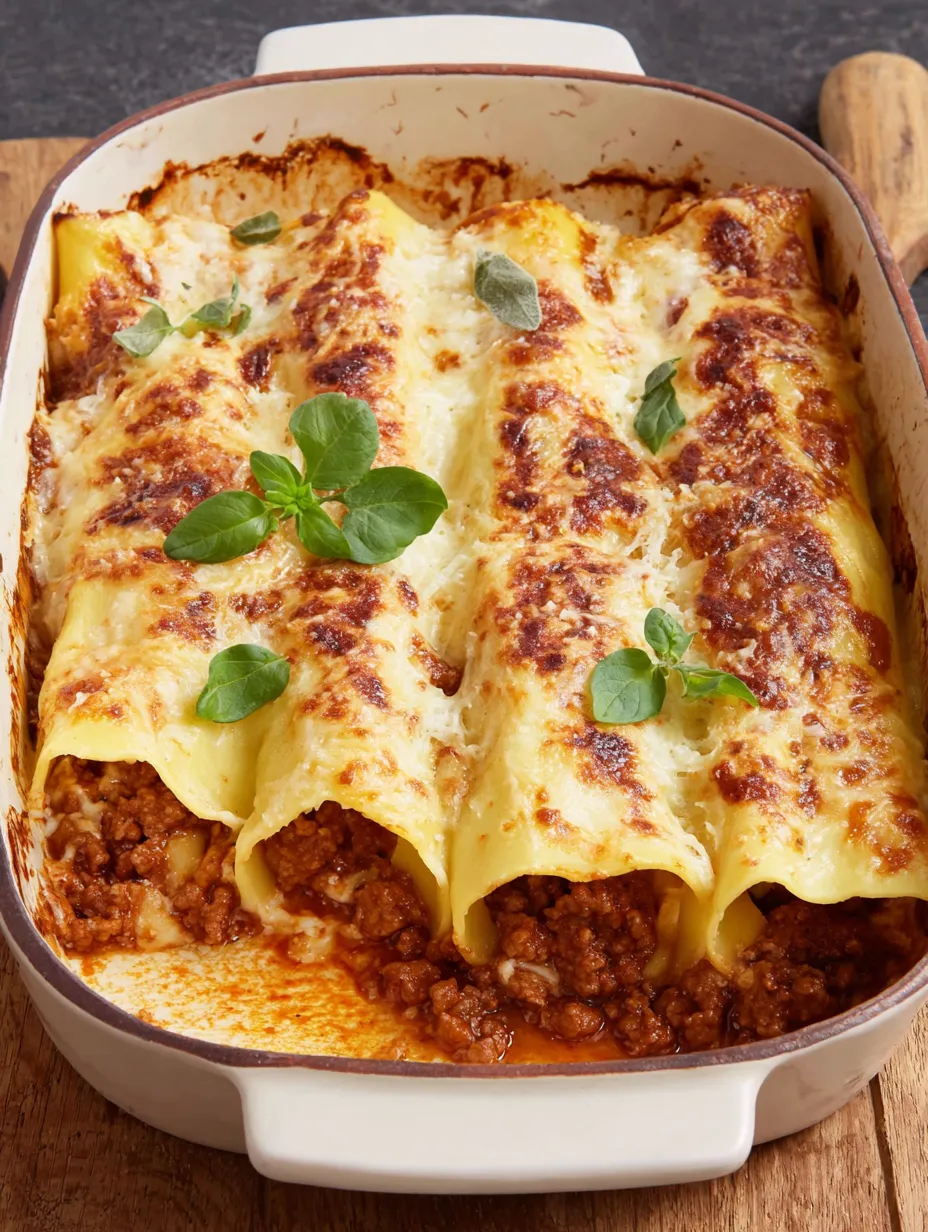 A dish of cannelloni with meat and cheese.