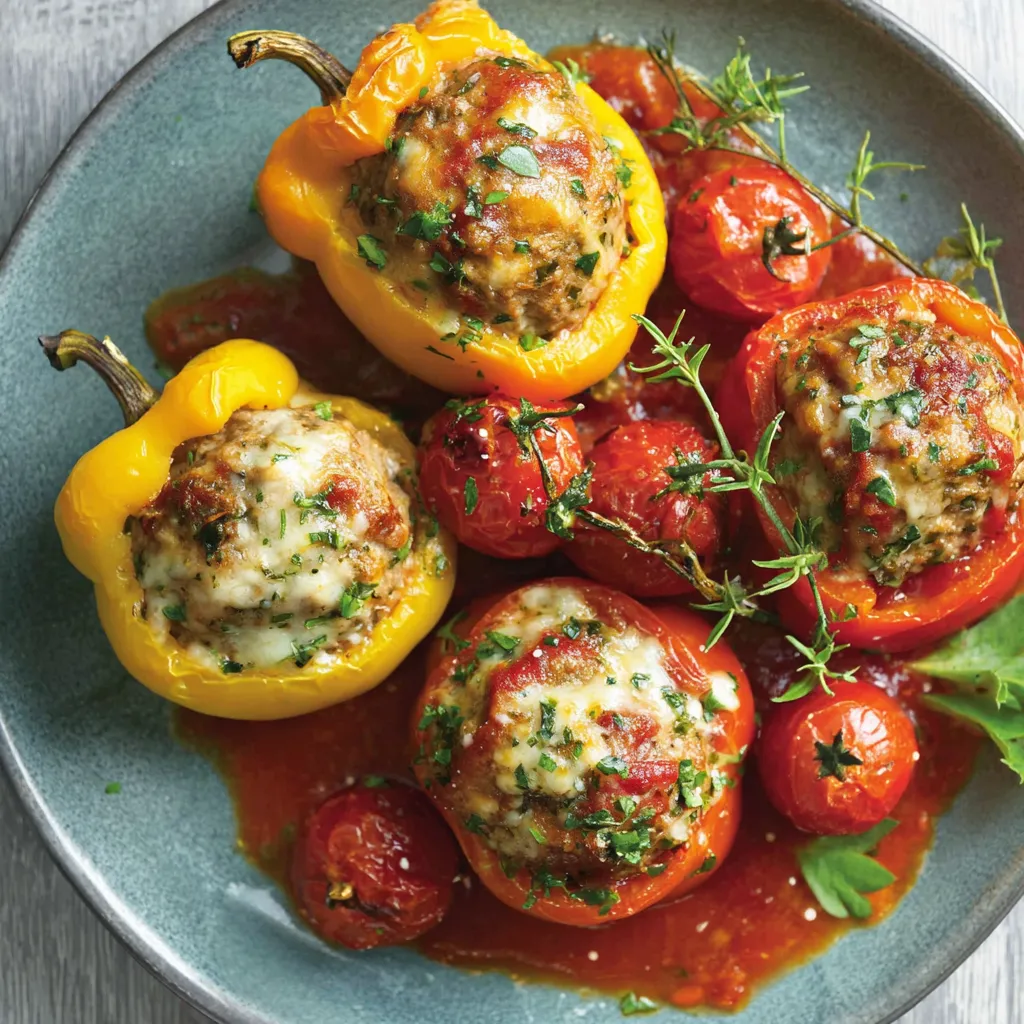 A plate of stuffed peppers with tomato sauce.