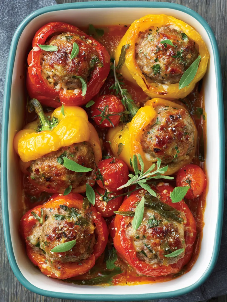 A bowl of stuffed peppers with meatballs and tomato sauce.