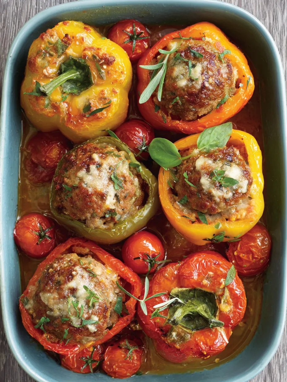 A bowl of stuffed peppers with meat and tomatoes.