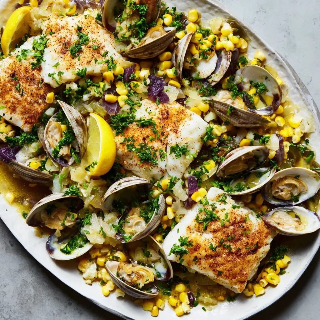 A skillet with fish, corn, and clams.