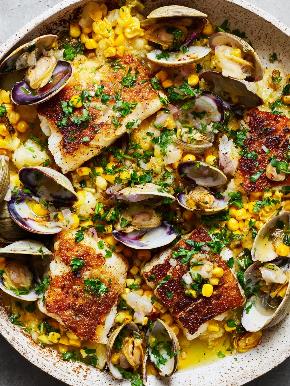 A skillet with fish, clams, and corn with parsley.
