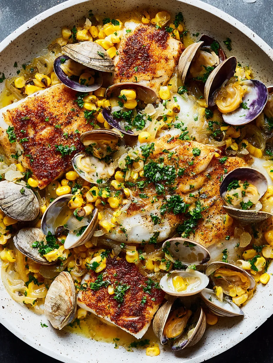 A skillet with fish, corn, and clams.