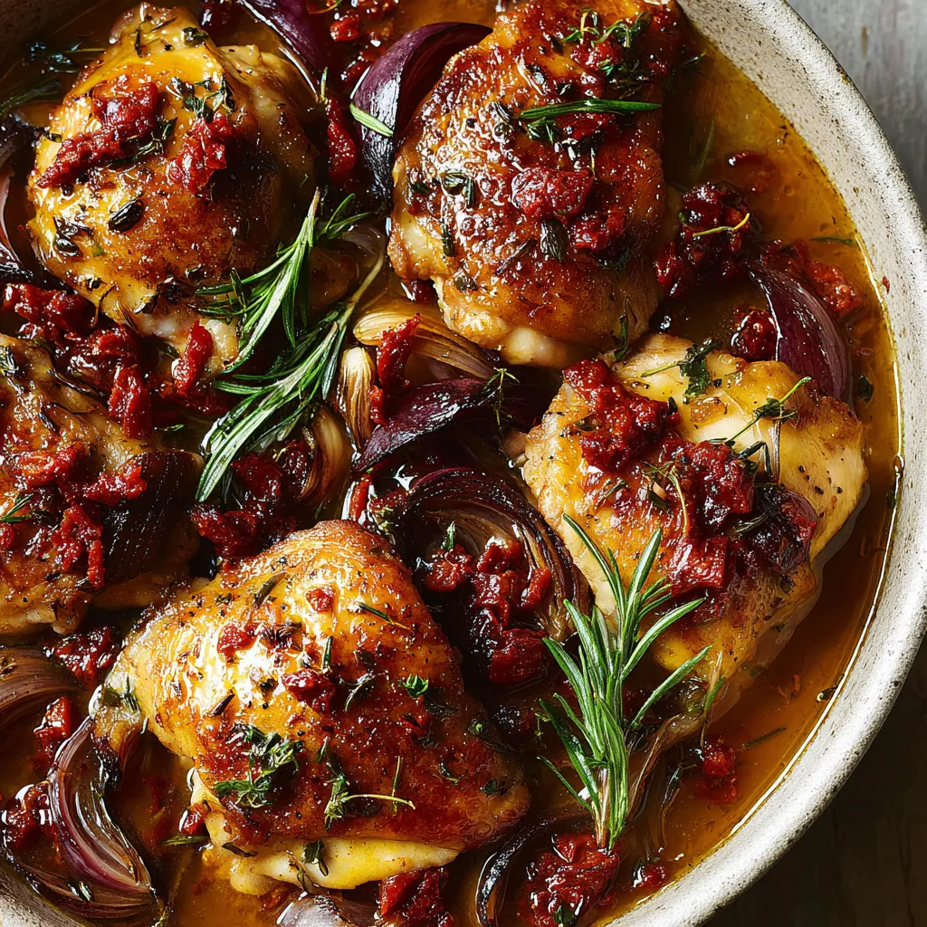 A bowl of chicken and chorizo with onions and herbs.
