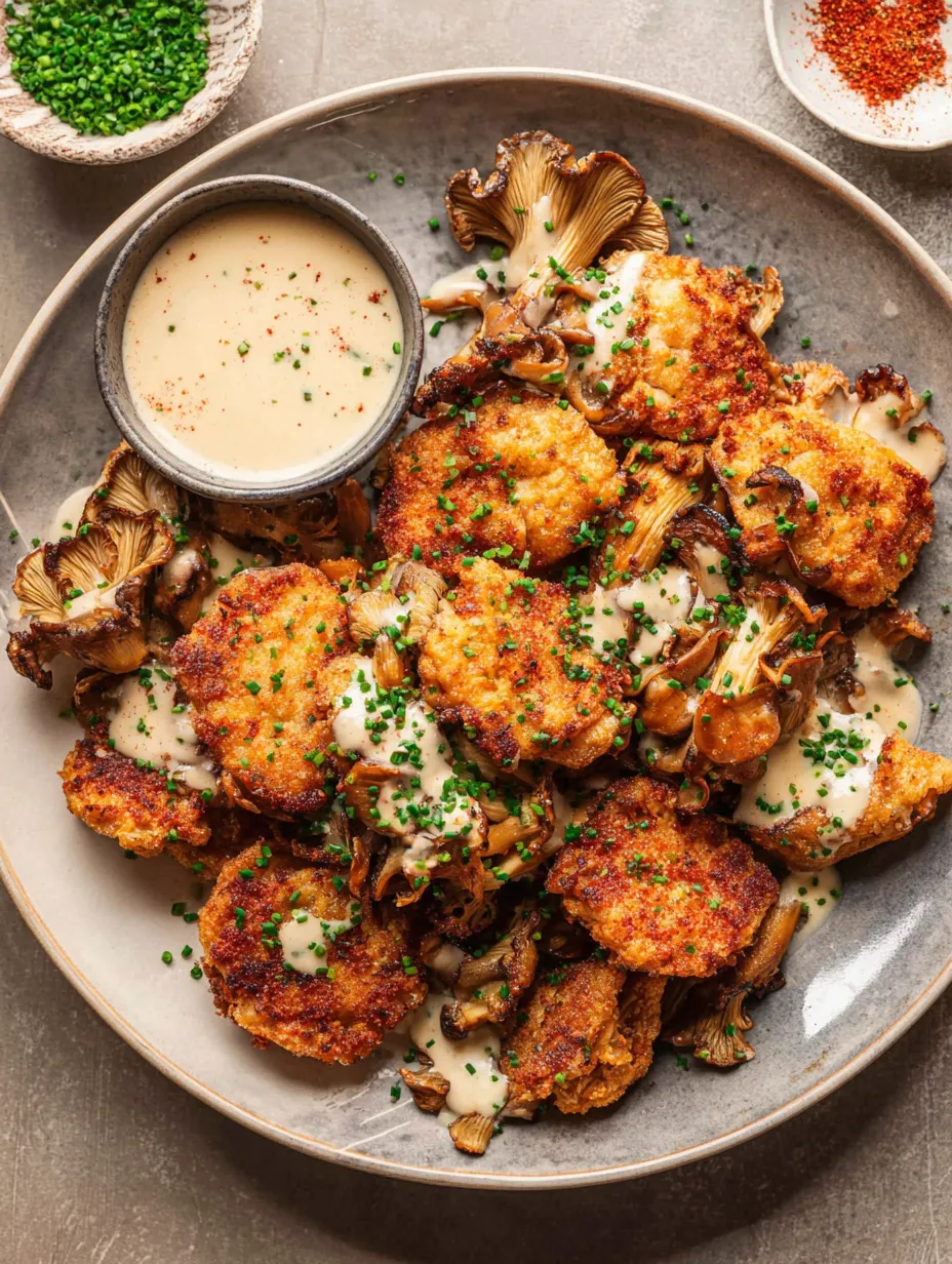 A plate of chicken-fried mushrooms with creamy mushroom gravy.