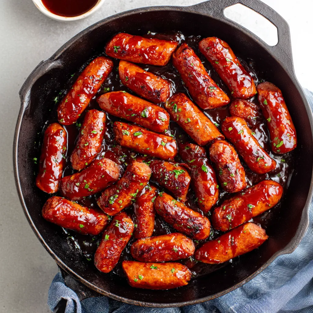 A pan of sausage with a sauce on top.