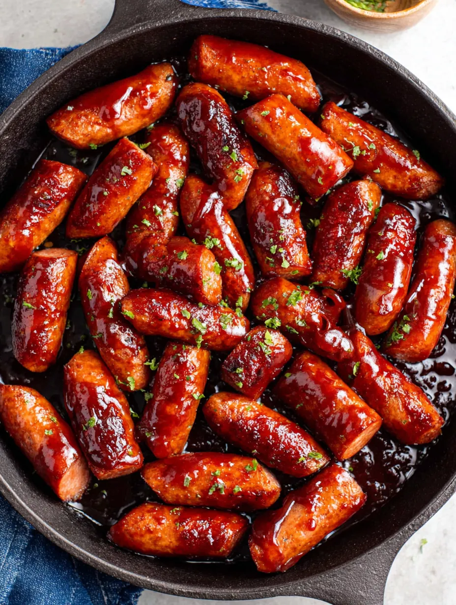 A pan of sausage with a sweet and spicy sauce.