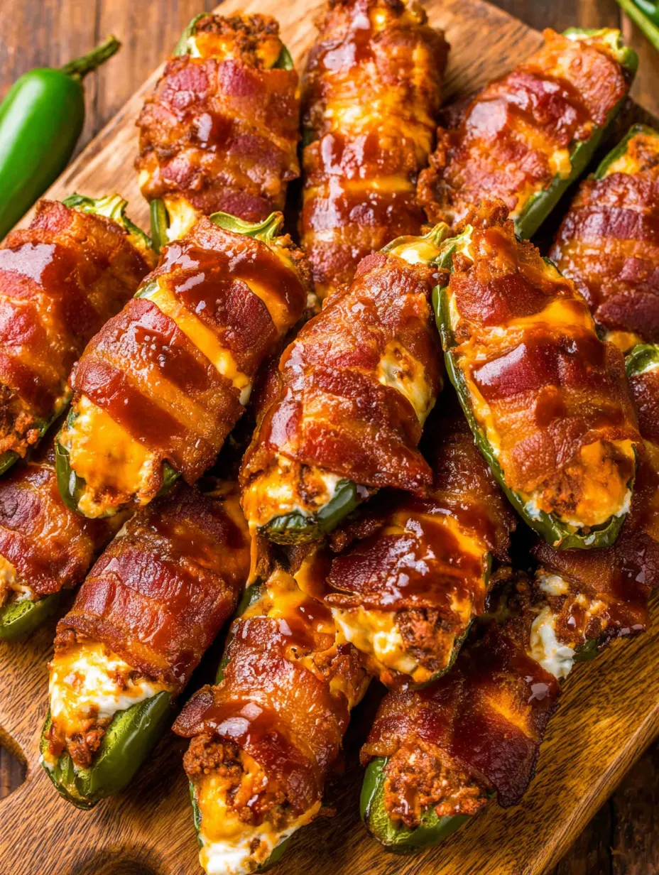 Bacon wrapped peppers with cheese and barbecue sauce.