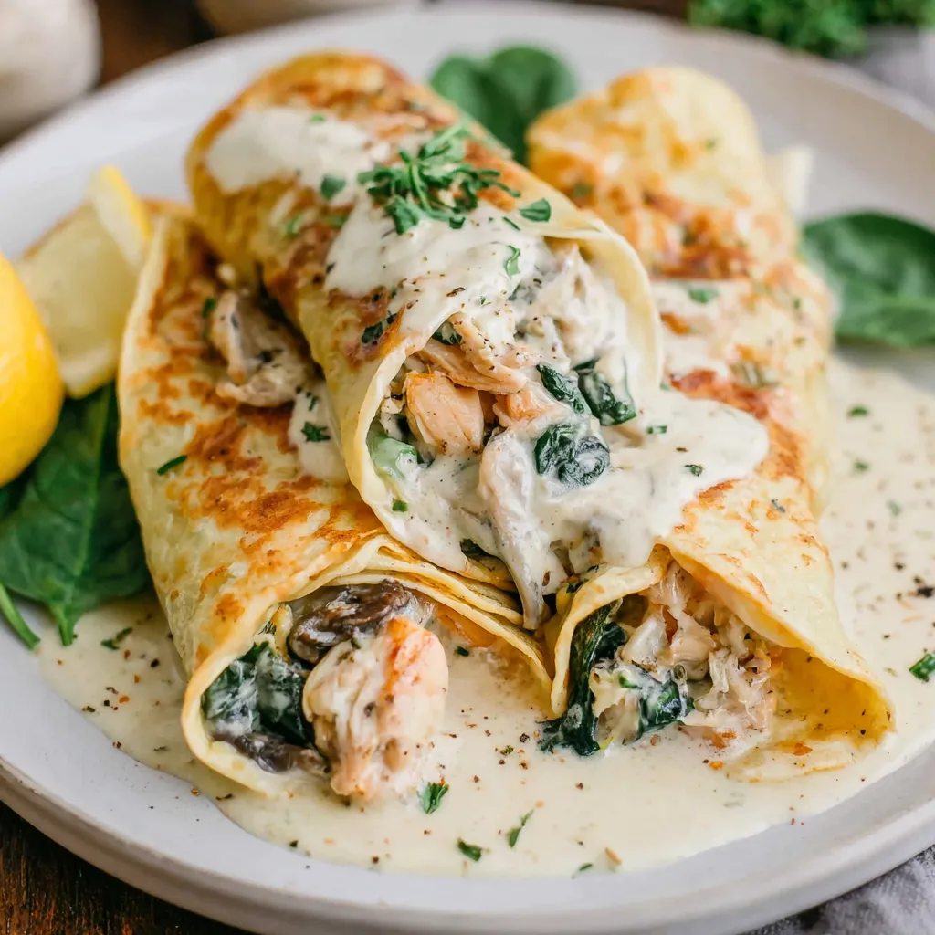 A plate of spinach and chicken crepes with white wine cream sauce.