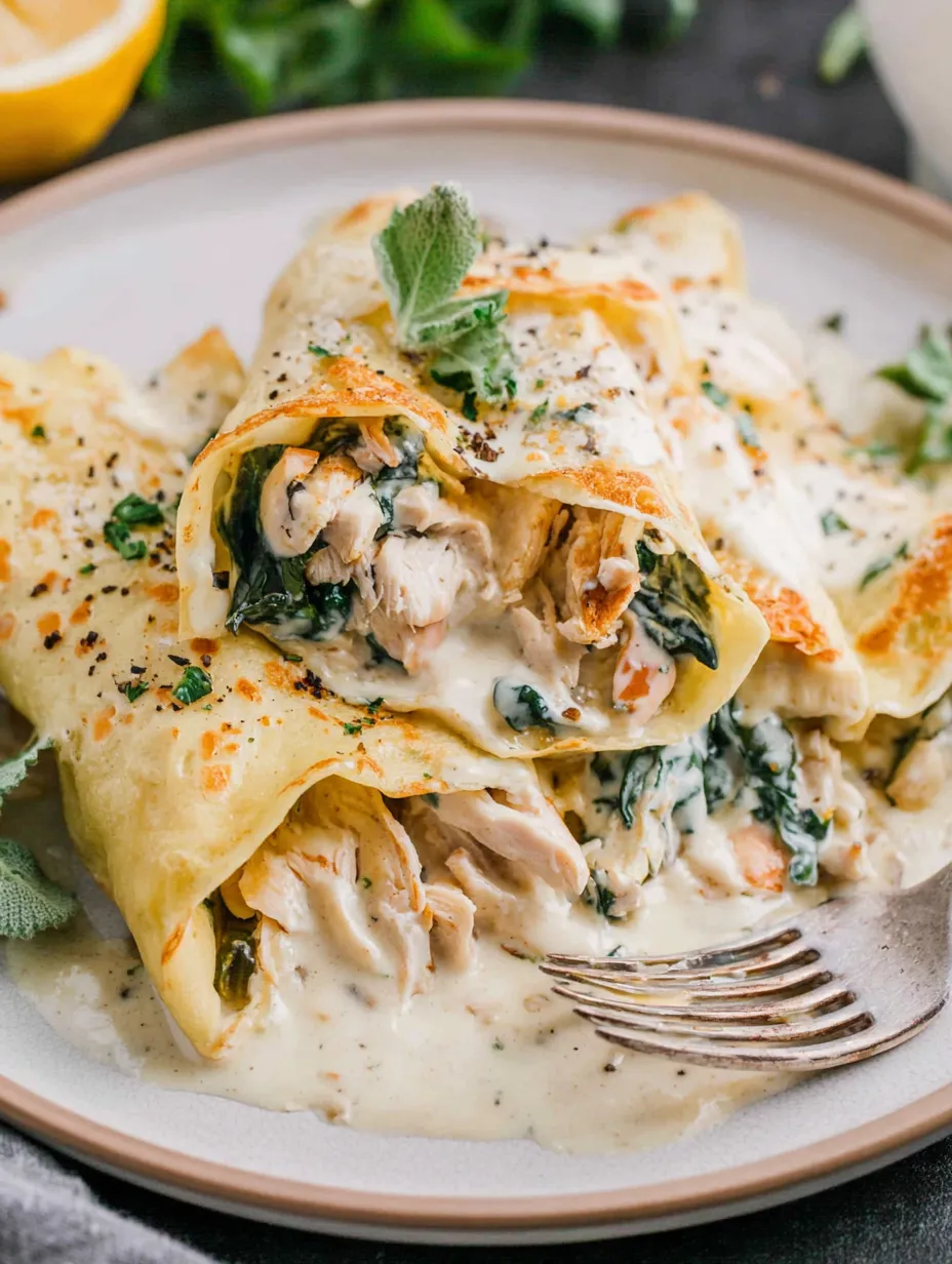 A plate of spinach and chicken crepes with white wine cream sauce.