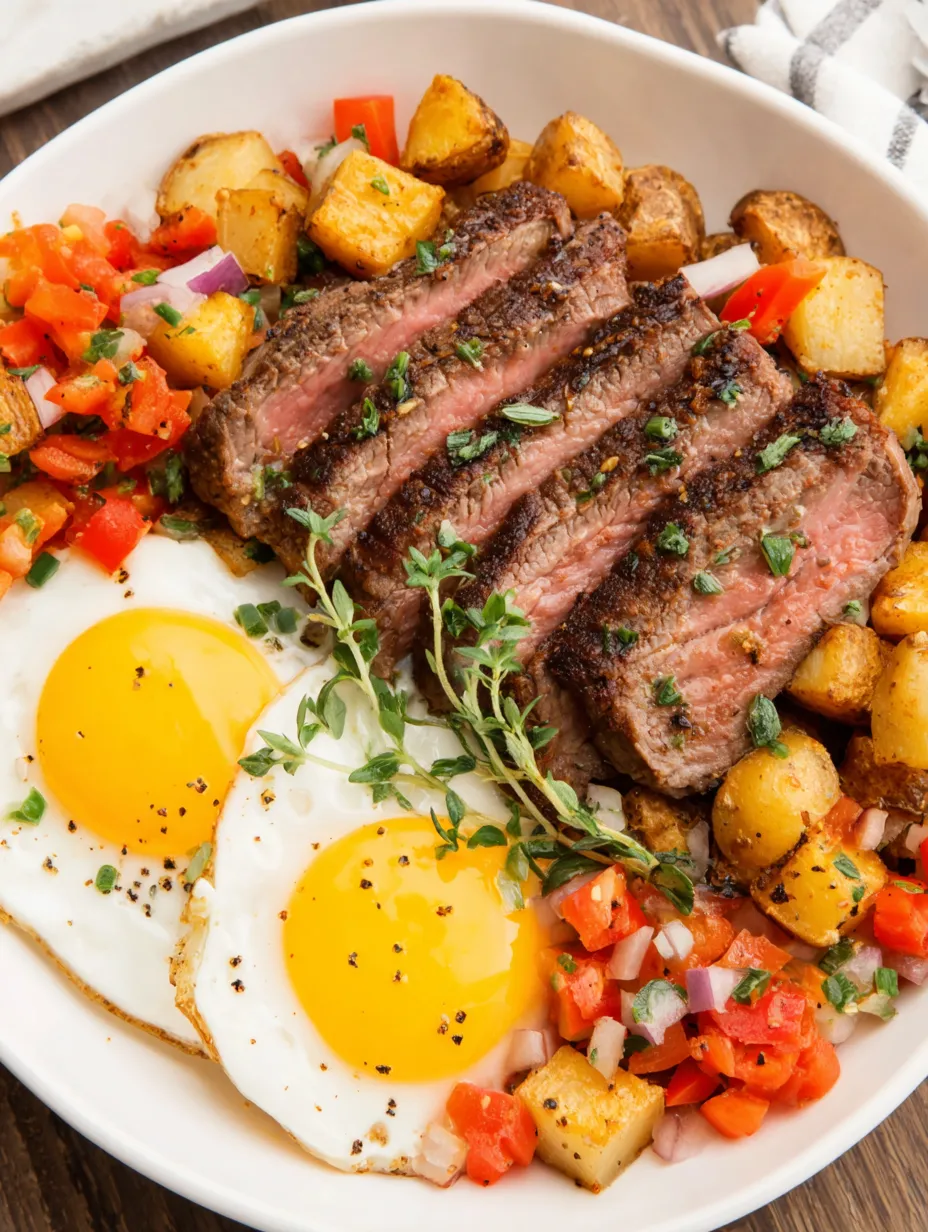 A plate of steak and eggs.
