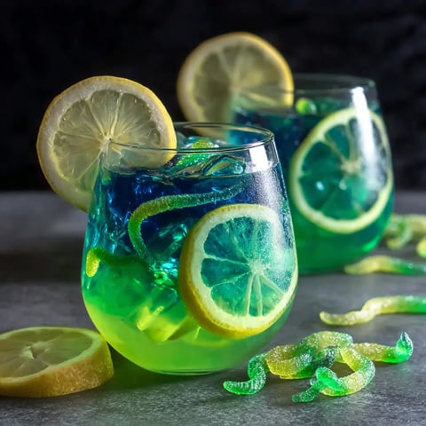 Two glasses of green lemonade with lemon slices.